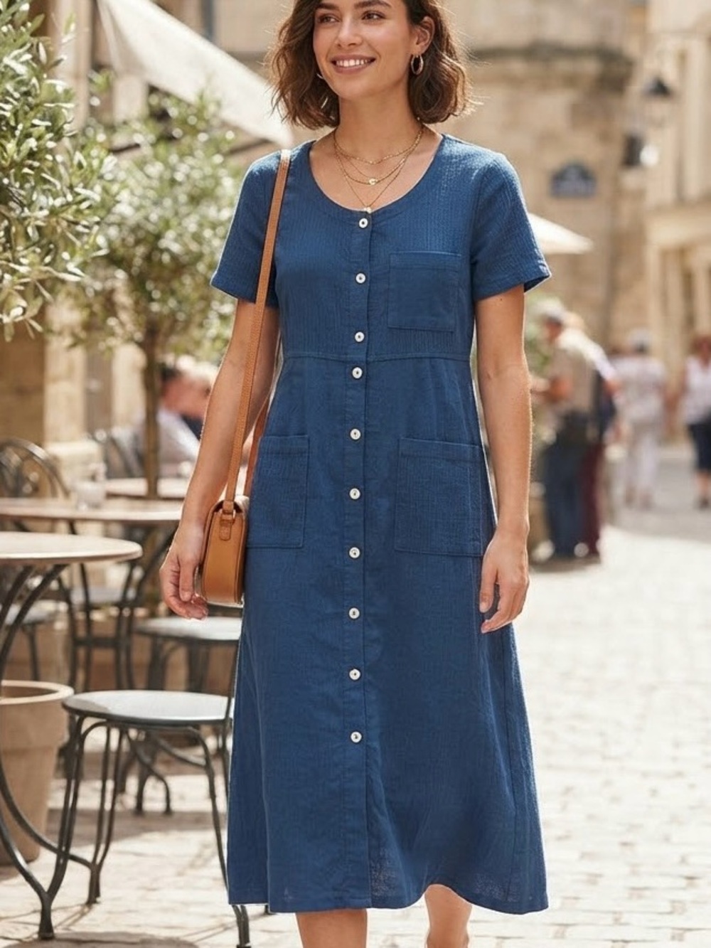 Lifestyles Blue Textured Gauze Cotton Blend Boho Retro Button-Front Midi Dress